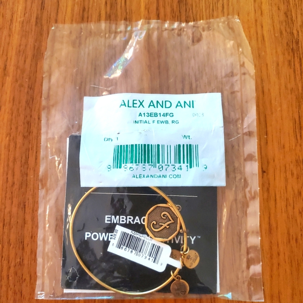 NWT Alex and Ani (+) Energy Expandable Wire Bangle Initial "F" in Rafaelian Gold